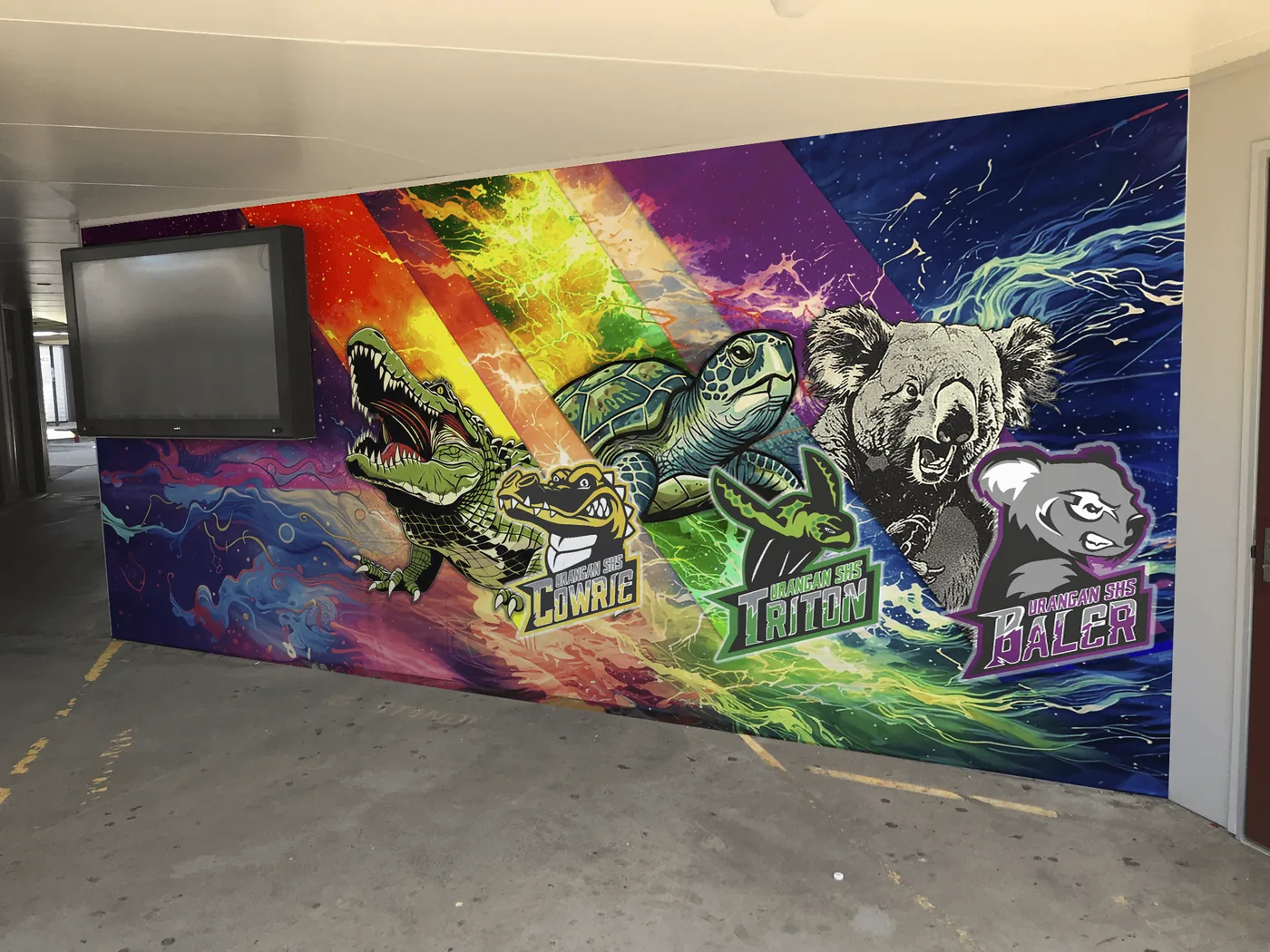 The wall after a printed school house mural was applied