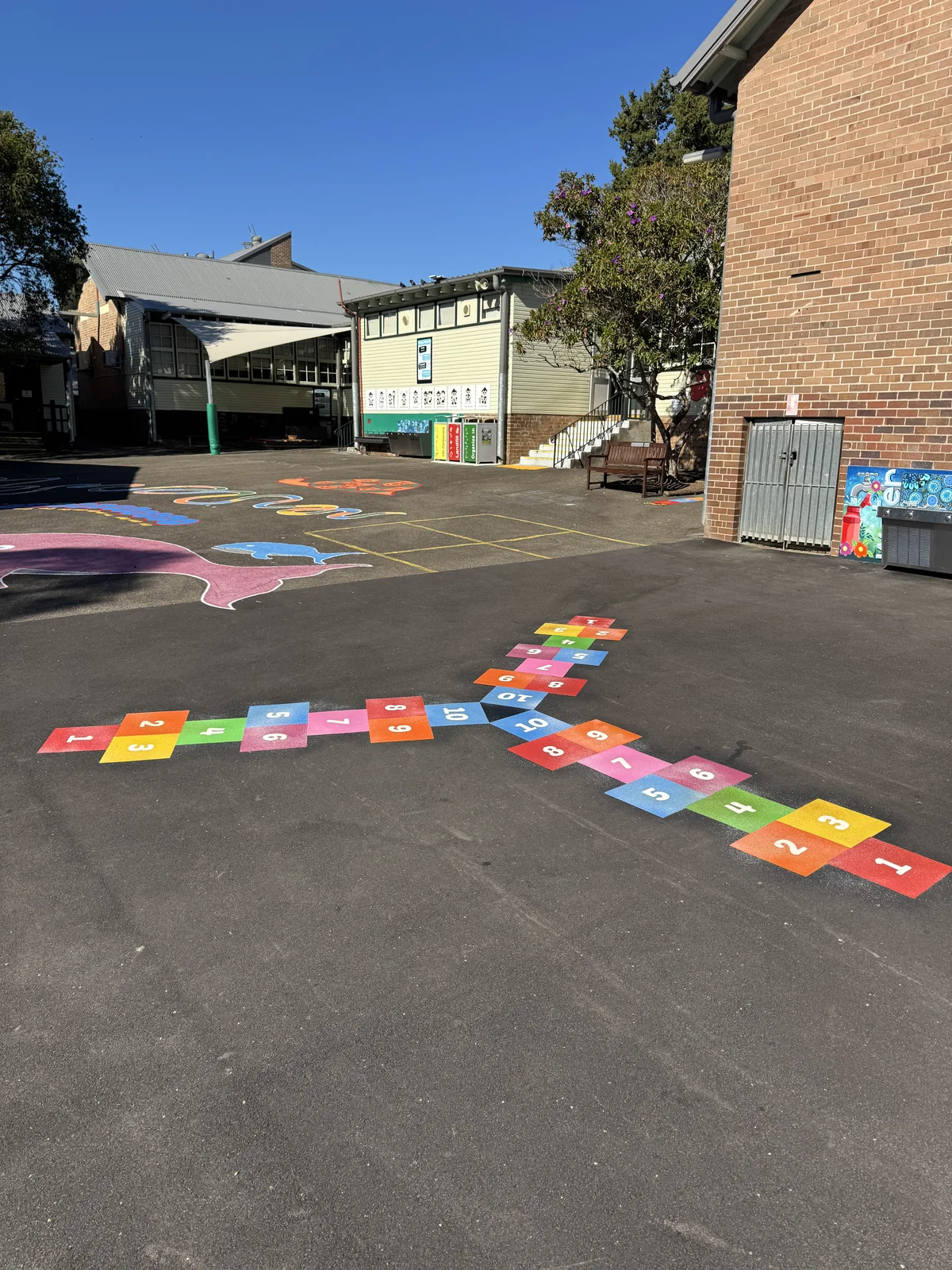 Three way hopscotch thermoplastic marking on a school playground