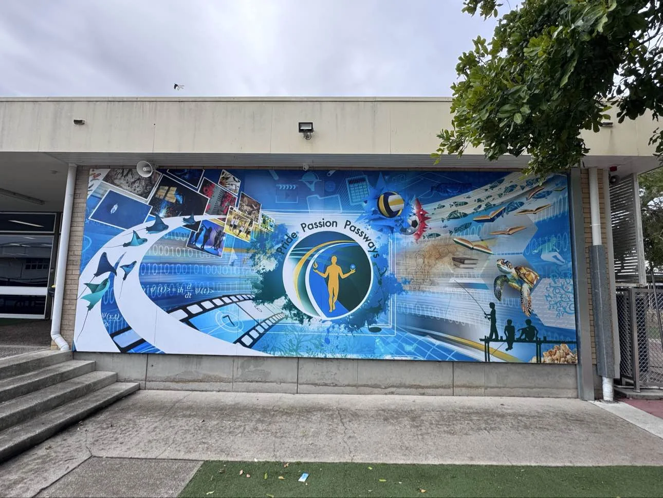Passion Passway sports and arts mural on a school wall