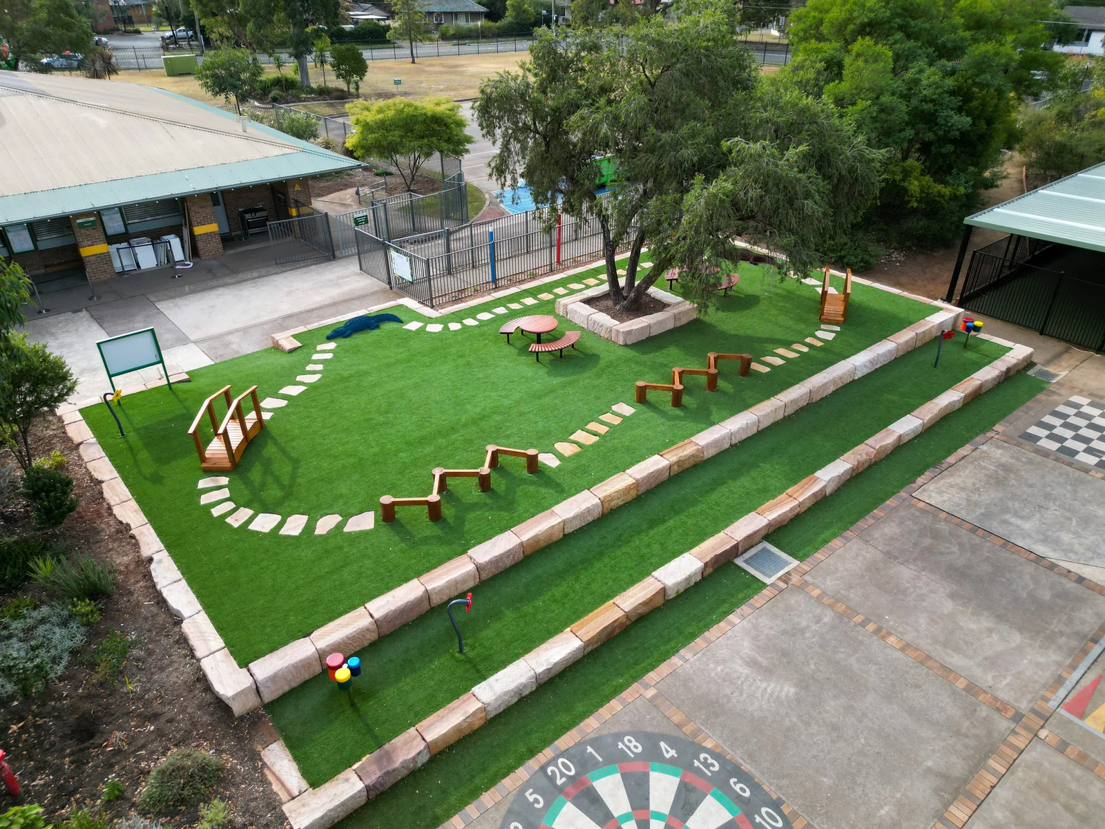 Aerial view of synthetic grass tiers and play markings at a school